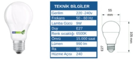 AKLIGHT 9W LED Ampul Beyaz