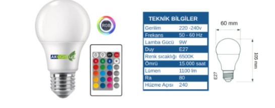AKLIGHT 9W LED RGB Kumandalı Ampul